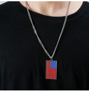 2pcs Fashion hipster pendant American flag singers hiphop street jazz dance necklace for men youth rectangular hang tag necklace alloy drip oil jewelry